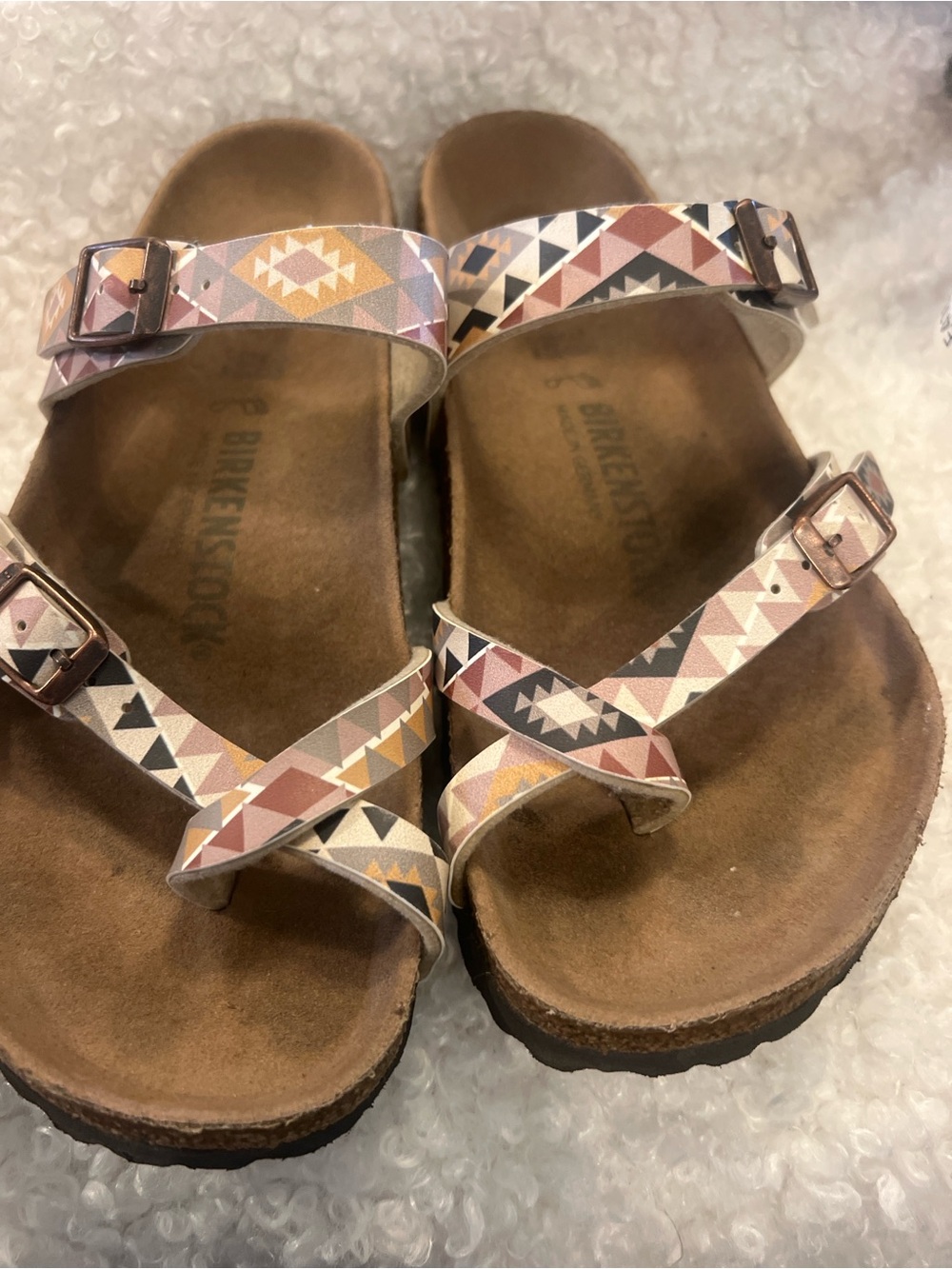 Birkenstock Mayari Sandals in Pink, Tan, Cream & Gray Geometric Print - Picture 12 of 15